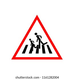 Crosswalk sign black in red triangle. Icon a pedestrian place for child near school. Symbol safety traffic human on road. Label for banner about crossing way. Design element. Vector illustration