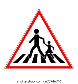 Crosswalk sign black in red triangle. Icon a pedestrian place for child near school. Symbol safety traffic human on road. Label for banner about crossing way. Design element. Vector illustration
