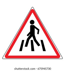 Crosswalk sign black in red triangle. Icon a pedestrian place for child near school. Symbol safety traffic human on road. 