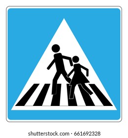 Crosswalk sign black in white triangle. Icon a pedestrian place for child near school. Symbol safety traffic human on road. Label for banner about crossing way. Design element. Vector illustration