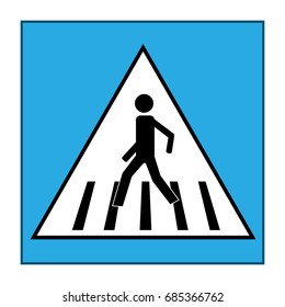 Crosswalk sign black in white triangle. Icon a pedestrian place for child near school. Symbol safety traffic human on road. Label for banner about crossing way. Design element. Vector illustration