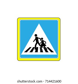 Crosswalk sign black in white triangle. Icon a pedestrian place for child near school. Symbol safety traffic human on road. Label for banner about crossing way. Design element. Vector illustration