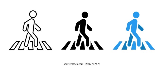 Crosswalk sign. Pedestrian crossing the road icon. Person walking cross the road. Zebra roadsign vector illustration. Man walk symbol. Human safety sidewalk pictogram isolated.