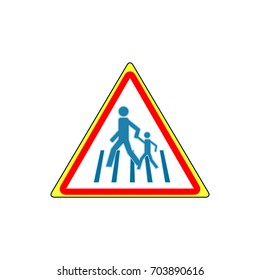 Crosswalk sign in red triangle. Icon a pedestrian place for child near school.