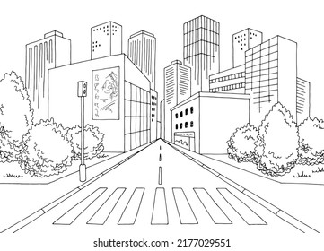 Crosswalk street road graphic black white city landscape sketch illustration vector  - Shutterstock ID 2177029551