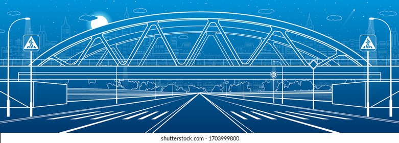Crosswalk under the railroad bridge. Large highway. Modern night town. Outline Urban scene. Industrial illustration. White lines on blue background. Vector design art