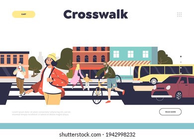 Concepto de caminata cruzada de la página de aterrizaje con gente cruzando la carretera en cebra. Un grupo de peatones cruza la calle. Tráfico seguro. Dibujo vectorial plano de dibujos animados
