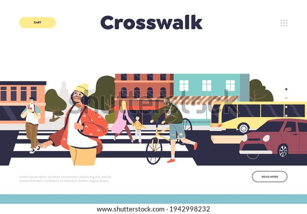 Crosswalk walking concept of landing\
page with people crossing road on zebra. Group of pedestrians cross\
street. Safe traffic. Cartoon flat vector\
illustration