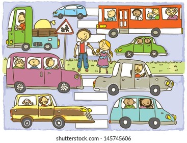 Crosswalk.Child's hand drawing vector illustration on child crossing the street with many cars.