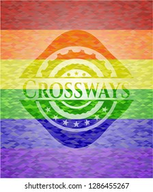 Crossways on mosaic background with the colors of the LGBT flag