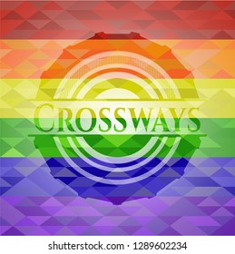 Crossways on mosaic background with the colors of the LGBT flag