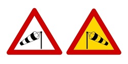 Crosswind road sign - windsock in red triangle and with yellow background vector illustration set. Black and white stripe wind cone on pole warning sign. Flat design pictogram.