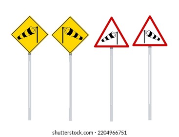 Crosswind traffic road sign on pole - windsock in yellow rhombus and red triangle vector illustration set. Black stripe wind cone on pole side wind warning sign. Flat design pictogram.