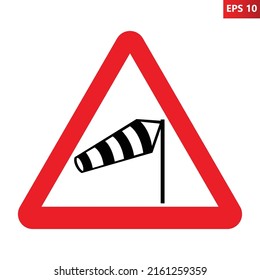 Crosswind warning sign. Vector illustration of red triangle sign with windsock icon inside. Caution symbol with black and white wind cone icon. Risk of strong side wind. Safety sign.
