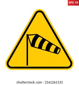 Crosswind warning sign. Vector illustration of yellow triangle sign with windsock icon inside. Risk of strong side wind. Safety sign. Caution symbol with wind cone icon.