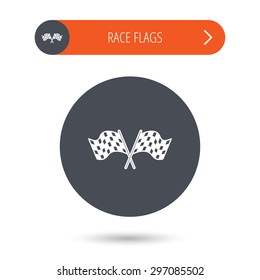 Crosswise racing flags icon. Finishing symbol. Gray flat circle button. Orange button with arrow. Vector