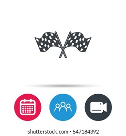 Crosswise racing flags icon. Finishing symbol. Group of people, video cam and calendar icons. Vector