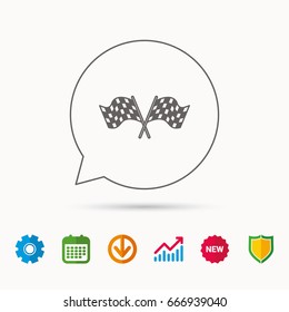 Crosswise racing flags icon. Finishing symbol. Calendar, Graph chart and Cogwheel signs. Download and Shield web icons. Vector