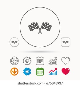 Crosswise racing flags icon. Finishing symbol. Calendar, Graph chart and Cogwheel signs. Download and Heart love linear web icons. Vector