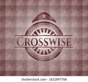 Crosswise red emblem with geometric pattern background. Seamless.