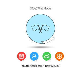 Crosswise waving flag icon. Location pointer sign. Calendar, User and Business Chart, Download arrow icons. Speech bubbles with flat signs. Vector
