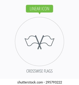 Crosswise waving flag icon. Location pointer sign. Linear outline circle button. Vector