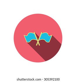 Crosswise waving flag icon. Location pointer sign. Red flat circle button. Linear icon with shadow. Vector