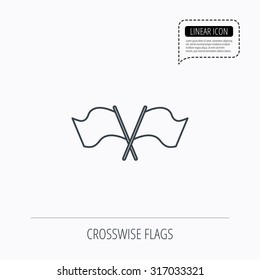 Crosswise waving flag icon. Location pointer sign. Linear outline icon. Speech bubble of dotted line. Vector