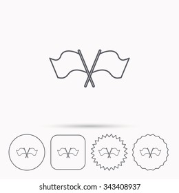 Crosswise waving flag icon. Location pointer sign. Linear circle, square and star buttons with icons.