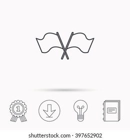 Crosswise waving flag icon. Location pointer sign. Download arrow, lamp, learn book and award medal icons.