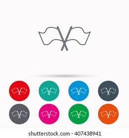 Crosswise waving flag icon. Location pointer sign. Linear icons in circles on white background.