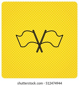 Crosswise waving flag icon. Location pointer sign. Linear icon on orange background. Vector