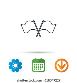 Crosswise waving flag icon. Location pointer sign. Calendar, cogwheel and download arrow signs. Colored flat web icons. Vector