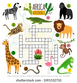 Crossword africa animals. Kids zoo african crossword for school children, words searching game vector illustration