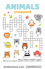 Crossword with animals. English words. Educational puzzle game for kids. Cartoon, vector. Isolated vector illustration eps 10