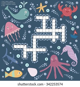 Crossword for children about sea life. Vector educational game