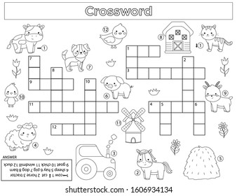 Crossword for children. Learn farm animals. English vocabulary. Educational game. Kawaii vector cartoon characters. Coloring page for preschool kids.
