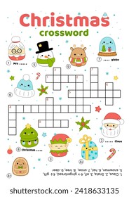 Crossword of Christmas characters. English words. Educational puzzle game for kids. Kawaii, cartoon. Isolated vector illustration eps 10