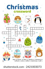 Crossword of Christmas elements. English words. Educational puzzle game for kids. Kawaii, cartoon. Isolated vector illustration eps 10