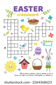 Crossword with Easter items. English words. Educational puzzle game for kids. Flat, cartoon. Isolated vector illustration eps 10