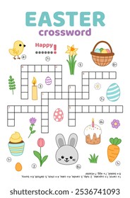 Crossword of Easter theme. English words. Educational puzzle game for kids. Cartoon, Isolated vector illustration eps 10