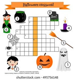 Crossword educational children game with answer. Learning vocabulary. Vector illustration, printable worksheet. Halloween theme