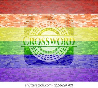 Crossword emblem on mosaic background with the colors of the LGBT flag