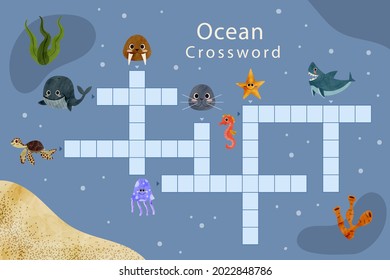 Crossword in english. Education child preschool, school game. Learning english language. Cartoon spelling puzzle. Test for kids Crossword book. Vector illustration.
