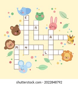 Crossword in english. Education child preschool, school game. Learning english language. Cartoon spelling puzzle. Test for kids Crossword book. Vector illustration.