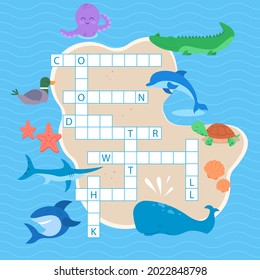 Crossword in english. Education child preschool, school game. Learning english language. Cartoon spelling puzzle. Test for kids Crossword book. Vector illustration.