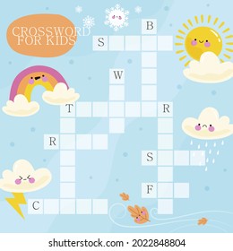 Crossword in english. Education child preschool, school game. Learning english language. Cartoon spelling puzzle. Test for kids Crossword book. Vector illustration.