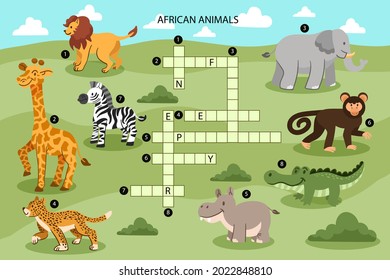 Crossword in english. Education child preschool, school game. Learning english language. Cartoon spelling puzzle. Test for kids Crossword book. Vector illustration.