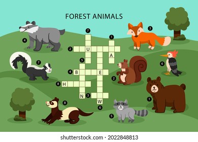 Crossword in english. Education child preschool, school game. Learning english language. Cartoon spelling puzzle. Test for kids Crossword book. Vector illustration.