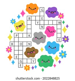 Crossword in english. Education child preschool, school game. Learning english language. Cartoon spelling puzzle. Test for kids Crossword book. Vector illustration.